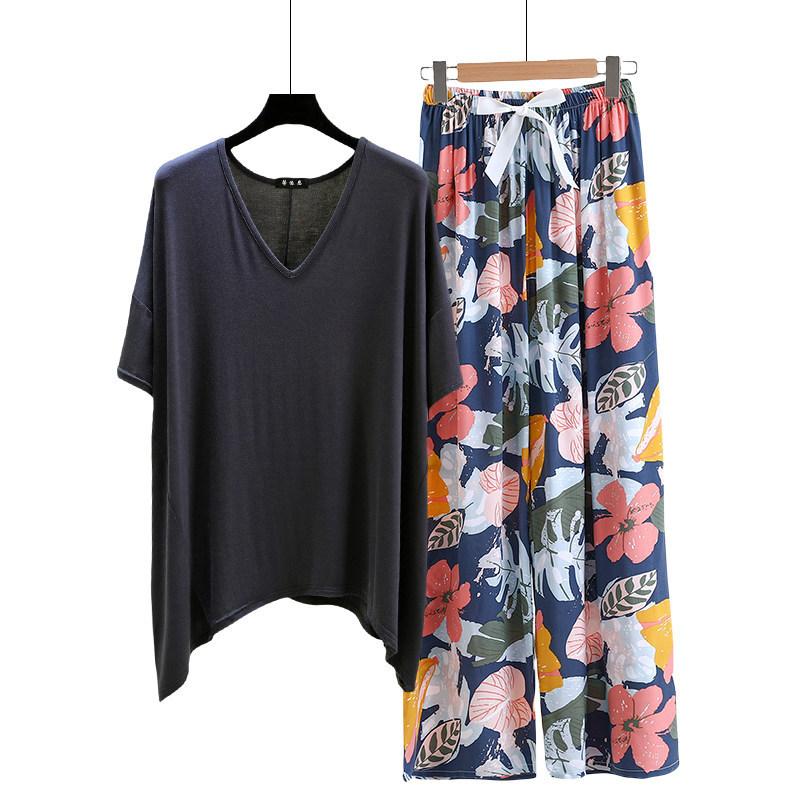 Необычная футболка и широкие брюки с цветочным принтом летние женские повседневные пижамные комплекты Костюм для дома с коротким рукавом Свободный легкий костюм для отдыха Большие размеры