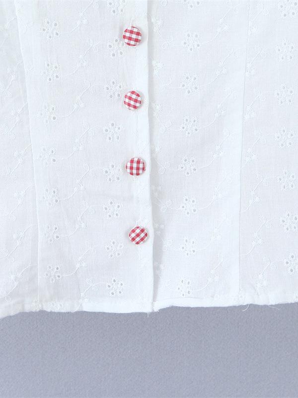 Белая рубашка с кружевным воротником и пышными рукавами - Женский ретро топ на пуговицах с вышивкой и акцентом на талии