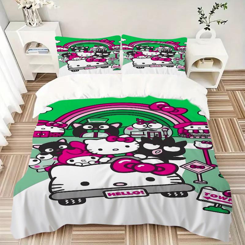 3pcs Under the Rainbow Hello Kitty and Friends Pattern Bedding Set, 1* Cover + 2*Pillowcases, Printed Bedding Set, Soft and Comfortable, Sui