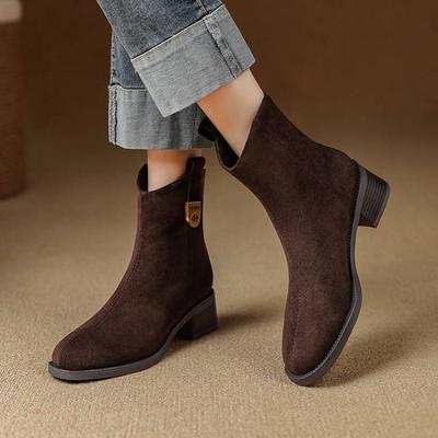 Осенне-зимние женские замшевые ботинки Мартина на задней молнии однотонные с круглым носком на среднем каблуке большого размера женские ботинки с круглым носком новые ботинки средней высоты