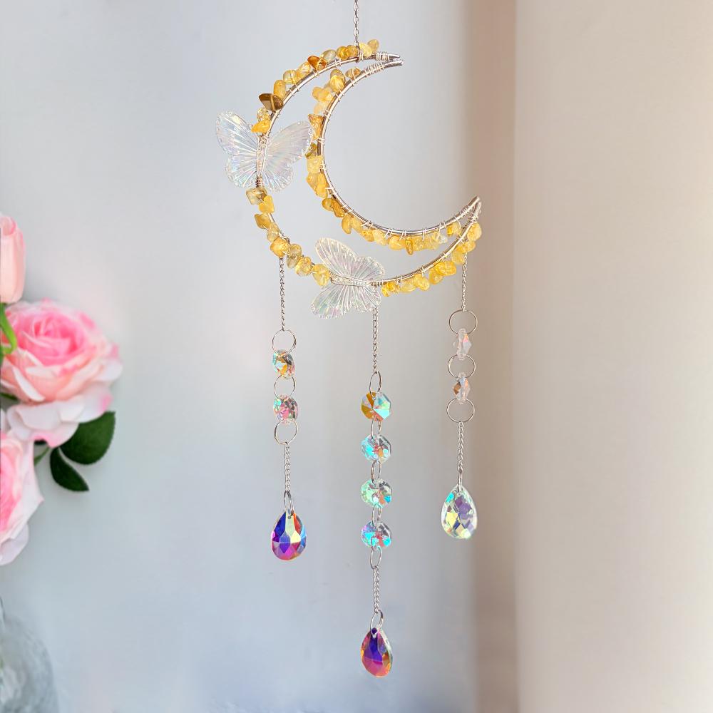 Butterfly Moon Crystal Suncatcher with Natural Gemstone Chips Rainbow Prism Window Hanging Ornament