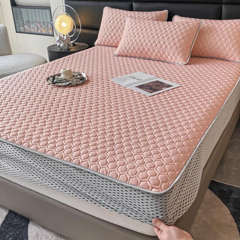 Soft Thick Latex Ice Silk Fitted Sheet Set Queen Cool Down Bed Sheet and Pillowcase Washable Machine Summer Cooling Mat for Bed