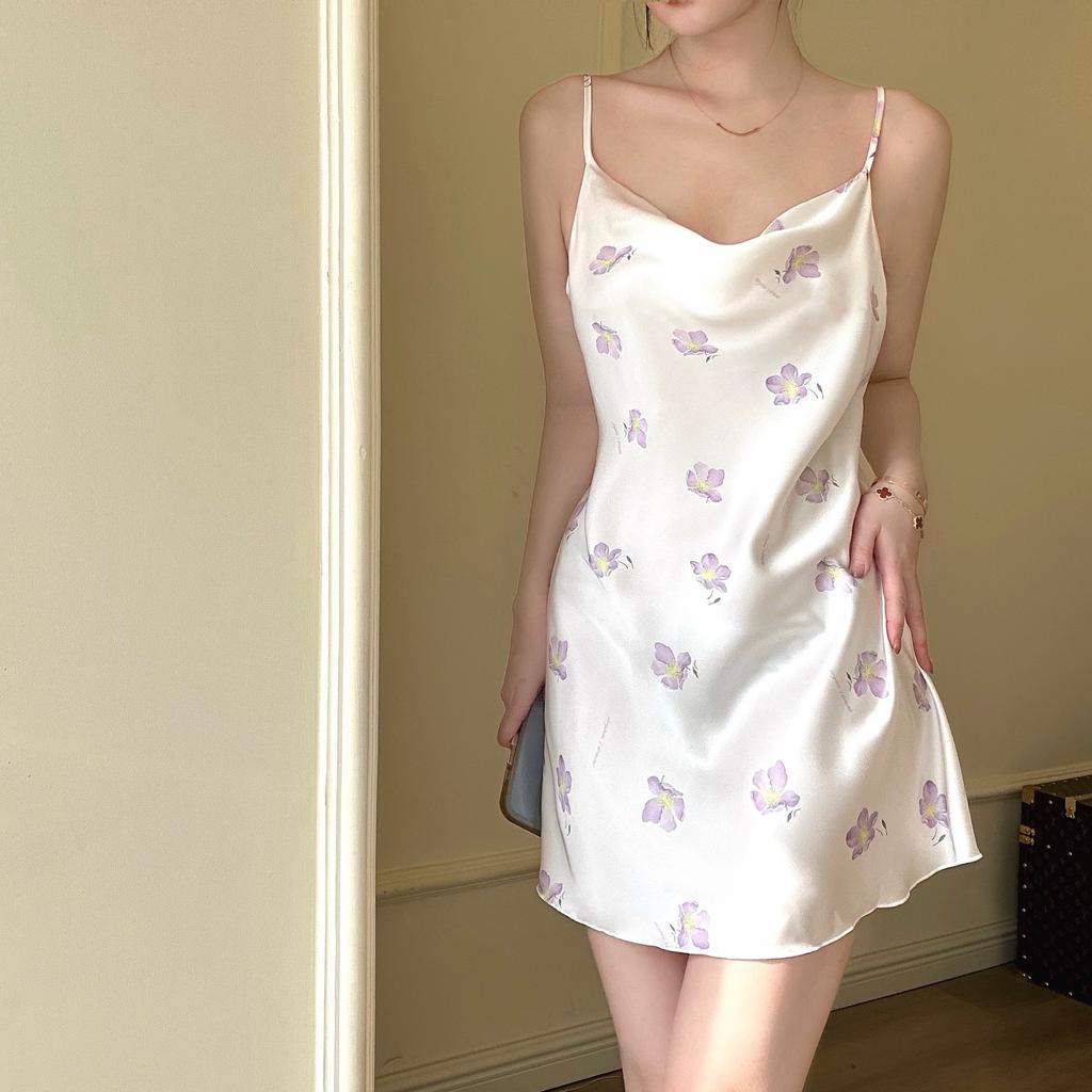 1011 New Sexy Nightdress for Women, Summer Spaghetti Strap Ice Silk Pajamas, INS Print Pure Desire Pajamas