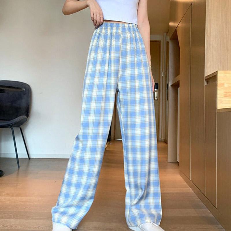 Женские свободные брюки в клетку в стиле ретро, ​​легкие эластичные летние повседневные брюки с высокой талией и широкими штанинами