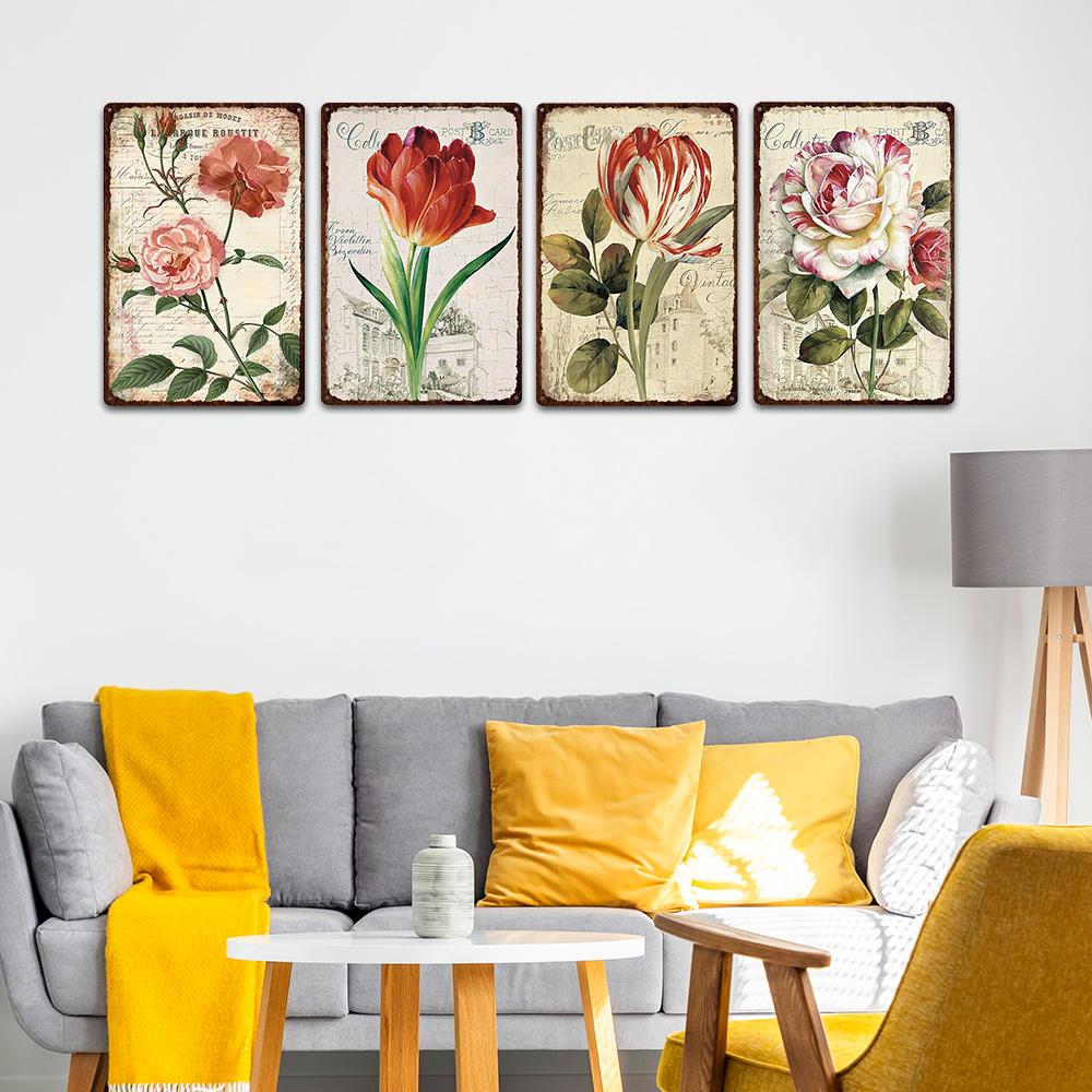 Металлическая жестяная вывеска с цветами в стиле ретро, ​​тарелки в стиле ретро, ​​роза, пион, лаванда, художественная табличка, винтажный постер, садовая комната, домашний Настенный декор, подарок
