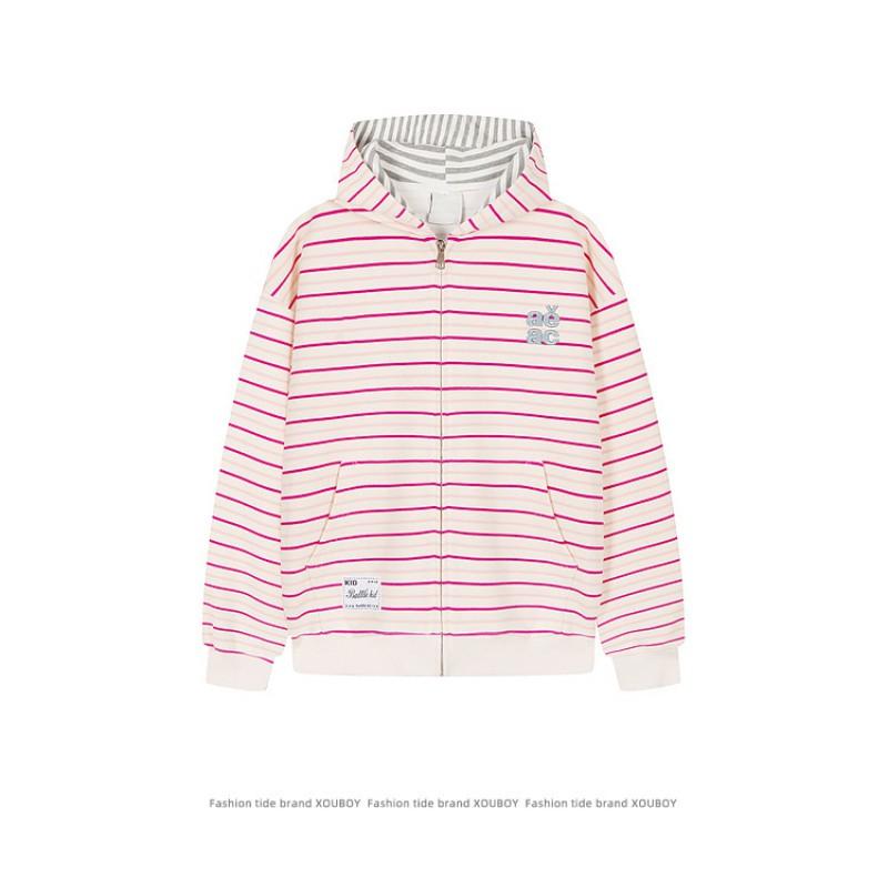 Unisex Oversized Hooded Zip-Up Sweatshirt With Striped Embroidery Detail Cotton Blend Fall Casual Wear