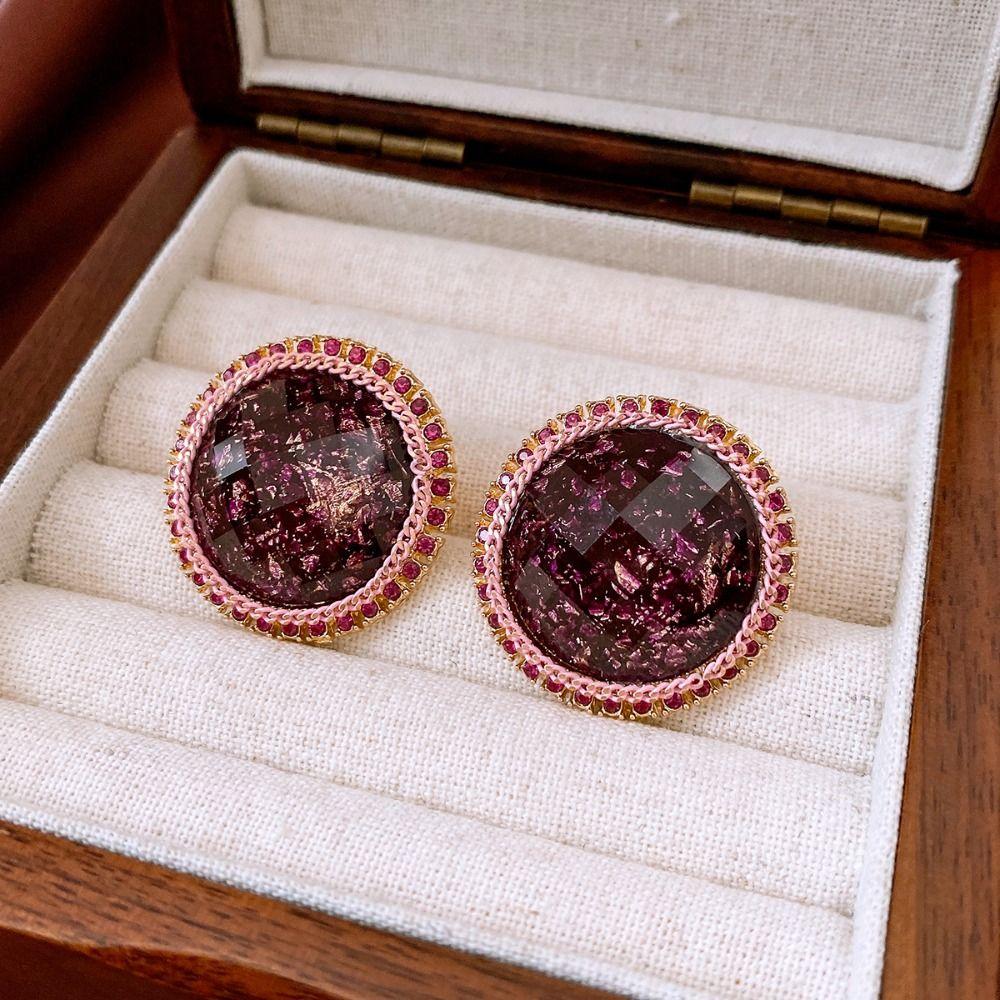 Rhinestone Round Shape Earrings Geometry French Style Earrings Sweet Vintage Purple Earrings Party