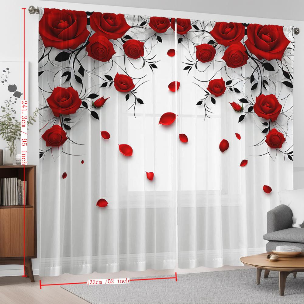 Romantic Red Rose Floral Print Curtain Panel Decorative Waterproof Window Drapes Pair for Living Room Bedroom Home Decor