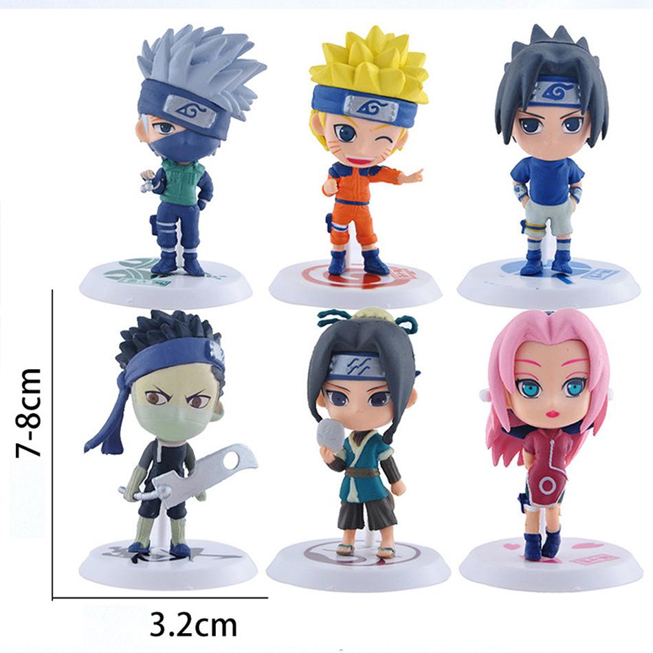 6 шт./лот Q-версия NARUTO Саске Гаара Учиха Мадара Фигурка 7-8 см 2 стиля Личностная подставка Мини-фигурки Украшение Кукла Подарки