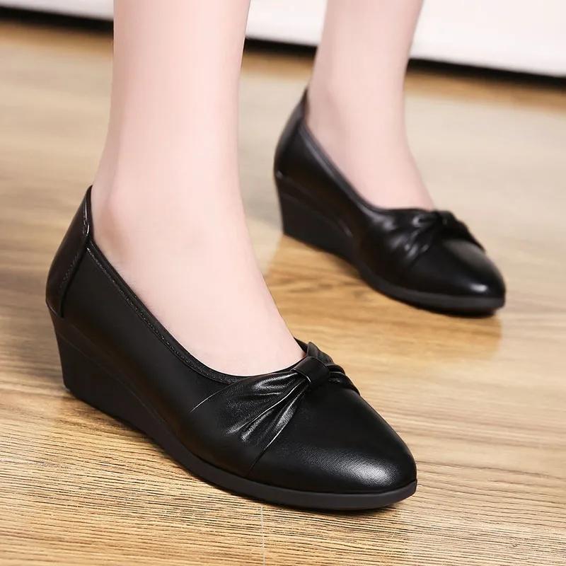 Women Wedges Pumps PU Leather Heels Slip On Shoes Black Office Lady Shoes Spring Summer Pumps Shallow Platform Zapatos
