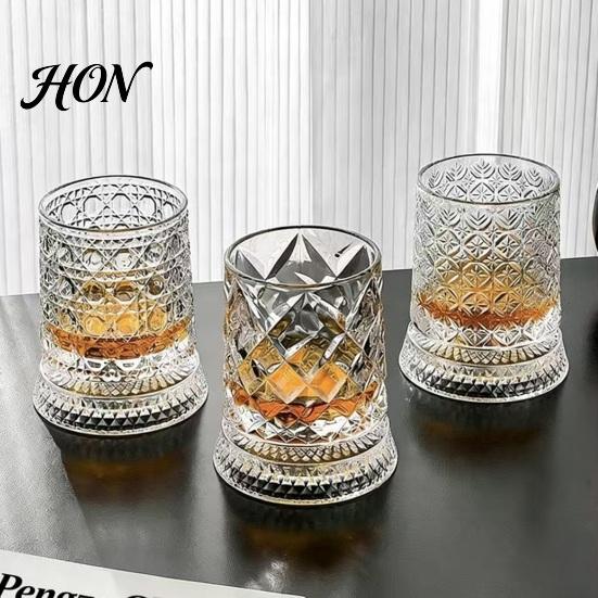 Easy Clean Whiskey Glass Dad's Gift, Spinning with LED Light, 260ml Embossed Premium Spirit Glassware Rotating Tumbler, Father's Day Present, Gift for