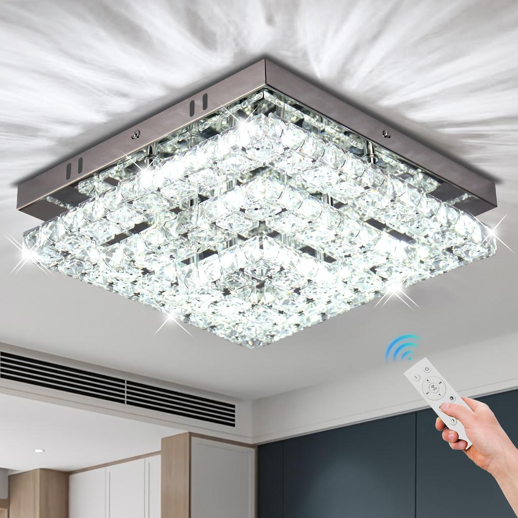 Dimmable LED K9 Crystal Ceiling Light 3 Tiers Square Surface Mounted Ceiling Lamp with Remote Control for Hotel Home Decor