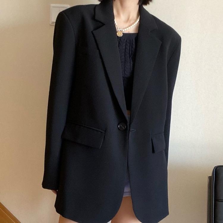 Black Suit Jacket for Women with Unique Korean Design Chic Loose Casual Slimming Autumn Spring Small Suit Top