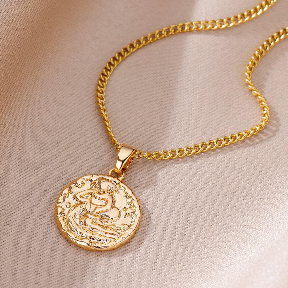 Ретро-дизайн 12 созвездий круглое фирменное ожерелье кулон тисненый Ins стиль монета ключичная цепочка женское ожерелье Козерог
