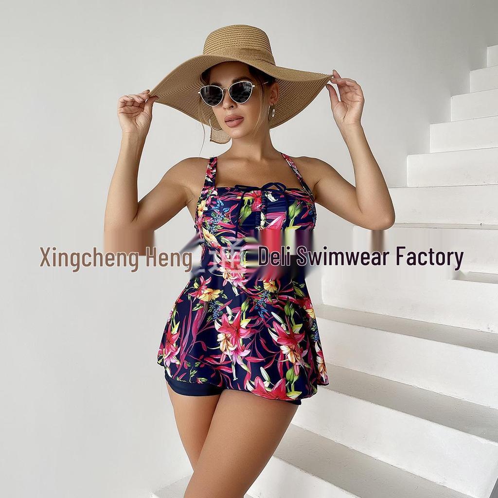 New Women's Plus Size Print Skirted Bikini - European & American Style - Backless Flat-Leg Design