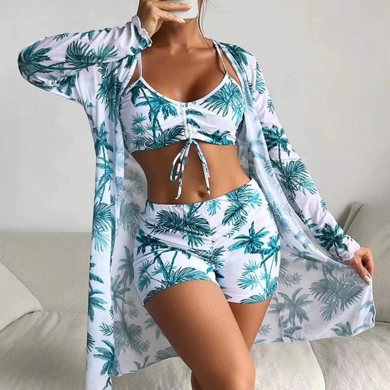 Swimsuit Women's Split Three Piece Set High Waist Long Sleeve Ins Overshirt Drawstring Printed Bikini Suits