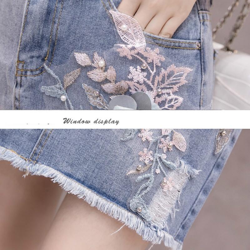 Женская джинсовая юбка с кисточкой и цветочным бисером, нерегулярная джинсовая юбка с высокой талией и вышивкой, узкие джинсовые юбки