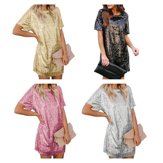 Женское летнее миди-платье с пайетками, повседневное платье-футболка с коротким рукавом и круглым вырезом