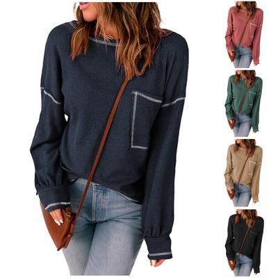 Женский однотонный осенний вязаный топ с длинными рукавами и карманами и круглым вырезом