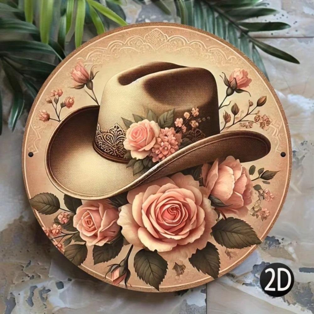 Vintage Metal Wall Decor with Pink Rose & Cowboy Hat, Weddings & Home Room Decor