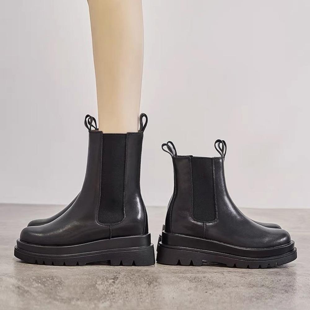 Классические ботинки челси женские черные ботильоны осень-зима 2024 кожаные короткие ботинки на платформе с эластичной резинкой