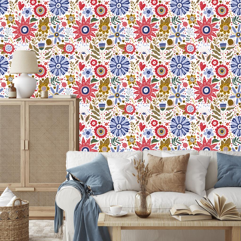 Wallpaper Flowers Coral and White for Living Room and Bedroom 50x1000