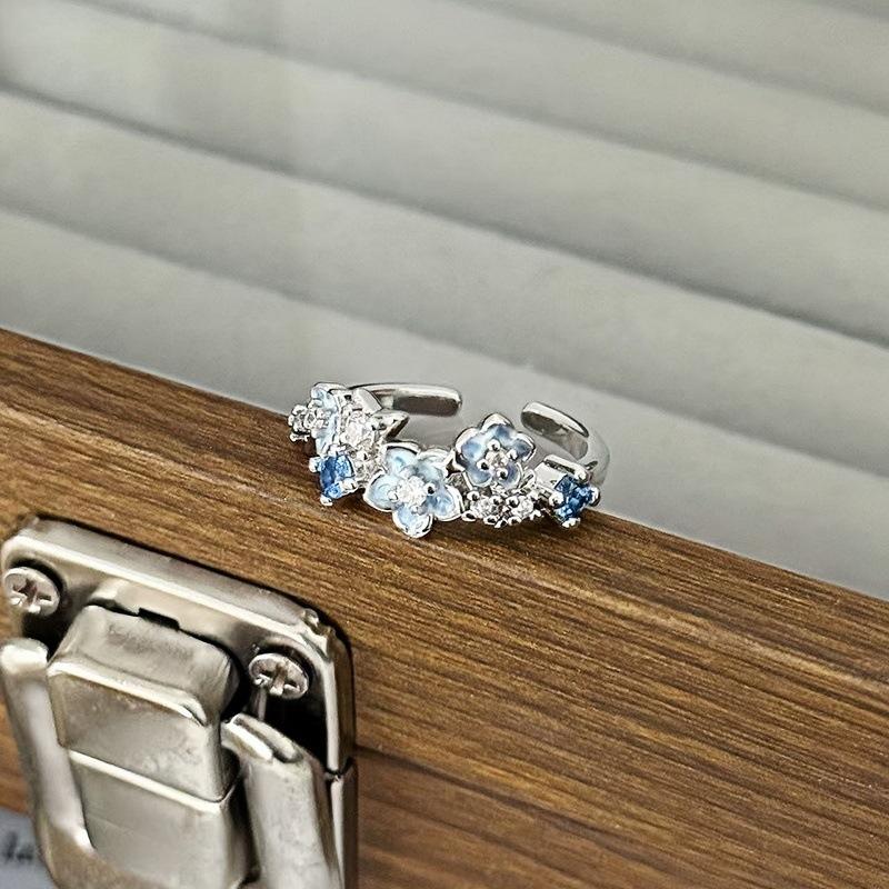 Mori Enamel Blue And White Petals Zircon Butterfly Opening Ring Light Luxury Foreign Temperament Niche High Sense Ring Woman