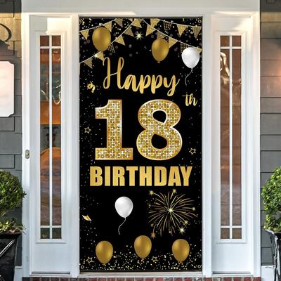 Баннер-растяжка на дверь на 18-летие, Декорации «С Днем Рождения 18 лет» для девочек и мальчиков, Черно-золотой, 18 лет, Фотобутафория для вечеринки, Садовый знак для