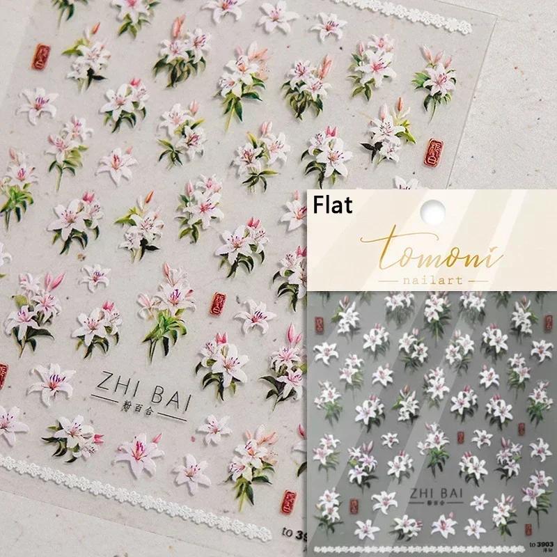 Gold Stamped Blooming Red Peony 3D Self-Adhesive Nail Art Stickers Lily Magnolia Camellia Daisy Rose Manicure Decals