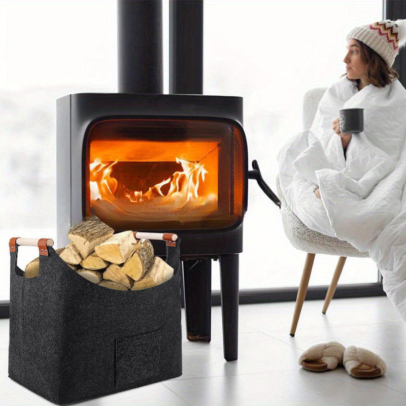 Felt Basket Firewood Box with Wooden Handles Foldable Firewood Basket Storage Basket for Firewood Wood Newspapers Clothes
