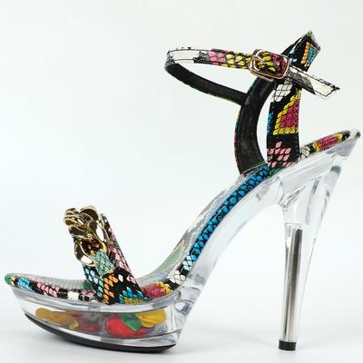 Женские летние пикантные универсальные красочные босоножки из змеиной кожи на высоком каблуке, сандалии серии D113, каблук 13 см, платформа 3 см, LFD