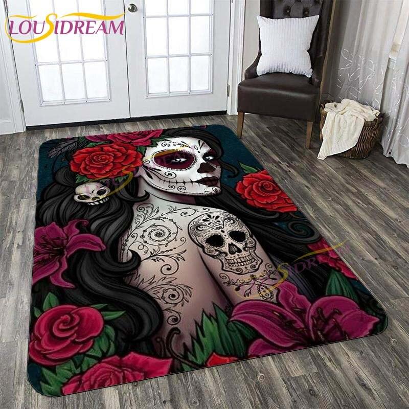 3D New Flaming Rose Floor Mat Area Rugs Rose and Skull Printed Rug and Carpets for Bedroom Home Living Room Valentine's Day Gift