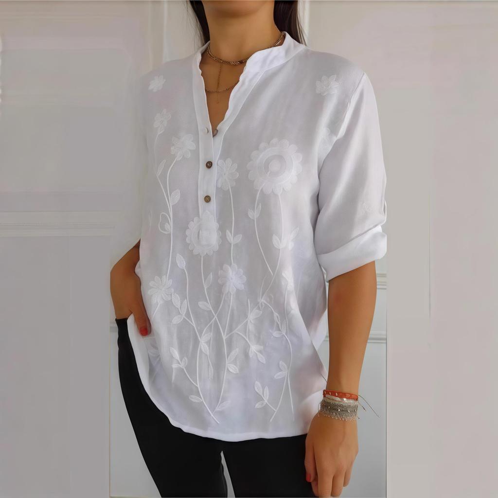 2025 Spring/Summer Women's Lace Embroidery Button V-Neck Shirt