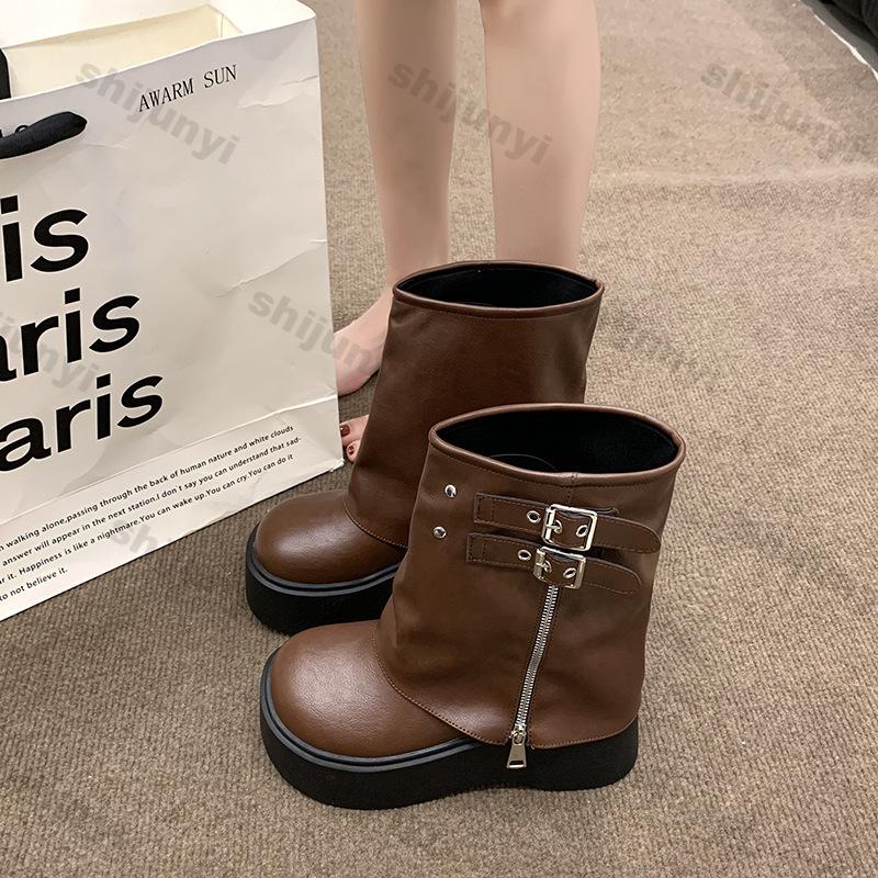 Женские мотоциклетные ботинки на толстом каблуке с платформой, осенние ботинки с пряжкой и ремешком на толстом каблуке, женские модные брюки из искусственной кожи Botas Mujer
