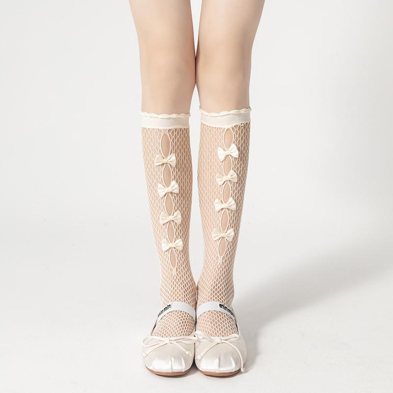 Женские весенне-летние тонкие носки до икры с вырезами и бантом в стиле преппи