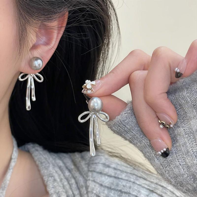 Модные серебряные серьги-капли с бантом из ленты для женщин и девочек в корейском стиле, серьги с имитацией жемчуга, свадебные украшения, подарки