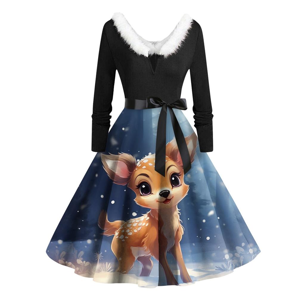 Women Vintage Long Sleeve Christmas Print 1950s Housewife Evening Party Prom Dress