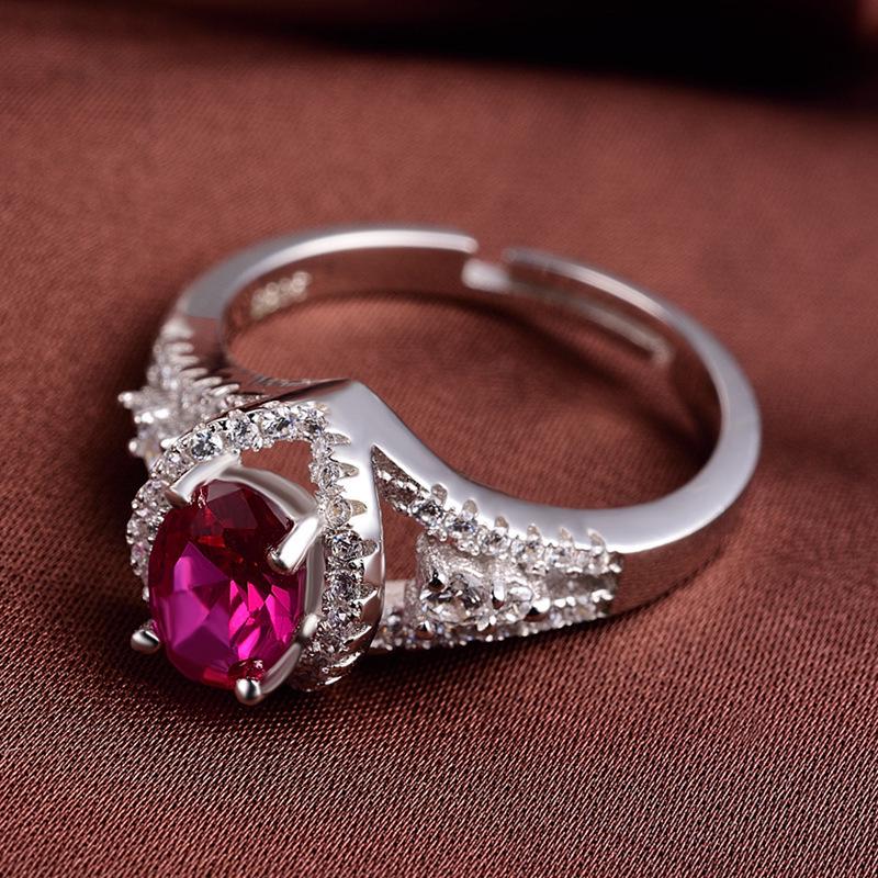 Регулируемое кольцо в корейском стиле из стерлингового серебра S925 с красным цирконом - Женское открытое серебряное кольцо на палец