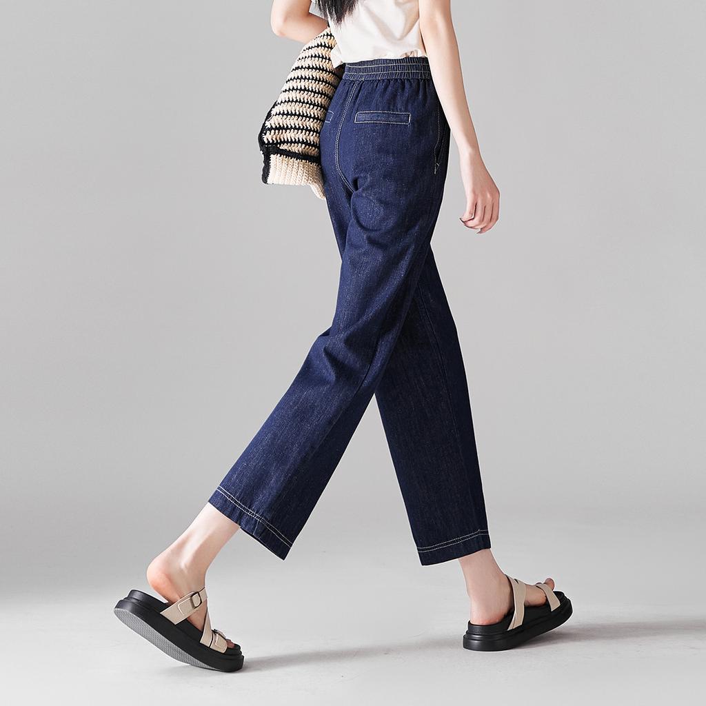 Cotton and linen elastic waisted jeans for women in 2026 summer, thin, fashionable, loose, versatile, slimming straight leg pants