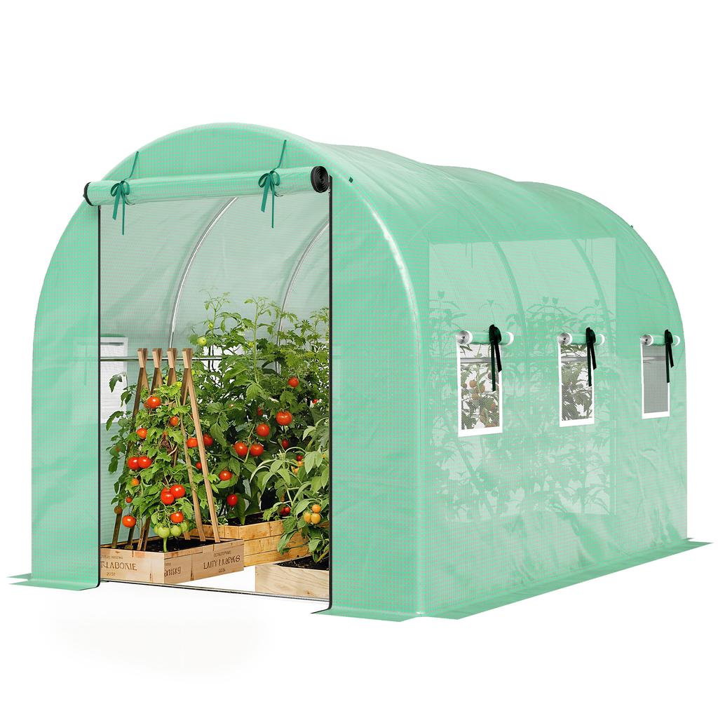 Greenhouse 3 x 2 x 2 m Poly Greenhouse with Roll-Up 2 Zipper Doors & 6 Mesh Windows Support Bars Green