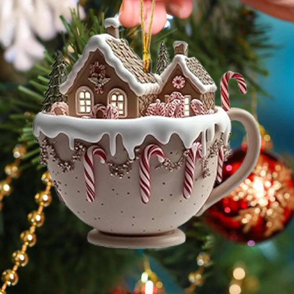 Украшения для кофейных чашек Подвеска на рождественскую елку 2D Акрил Рождественские снежные домики Кружка для шоколада Декор для автомобиля 2025 Рождество Navidad