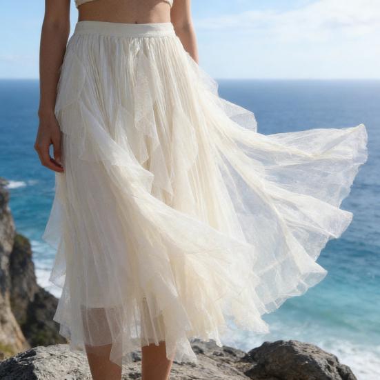 Тюлевая юбка для женщин Эластичная Высокая талия А-силуэт Длинная Юбка-пачка Фея Легкая Многослойная Ярусная Макси-юбка