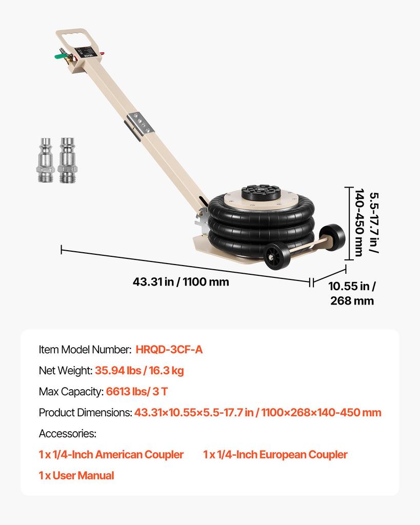 VEVOR Air Jack, 3 Ton Triple Bag Air Jack, Airbag with Six Steel Pipes, Lift Up to 450 mm