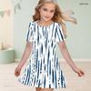 Girls Round Neck Short Sleeve Blue White Printed A Line Flared Dress