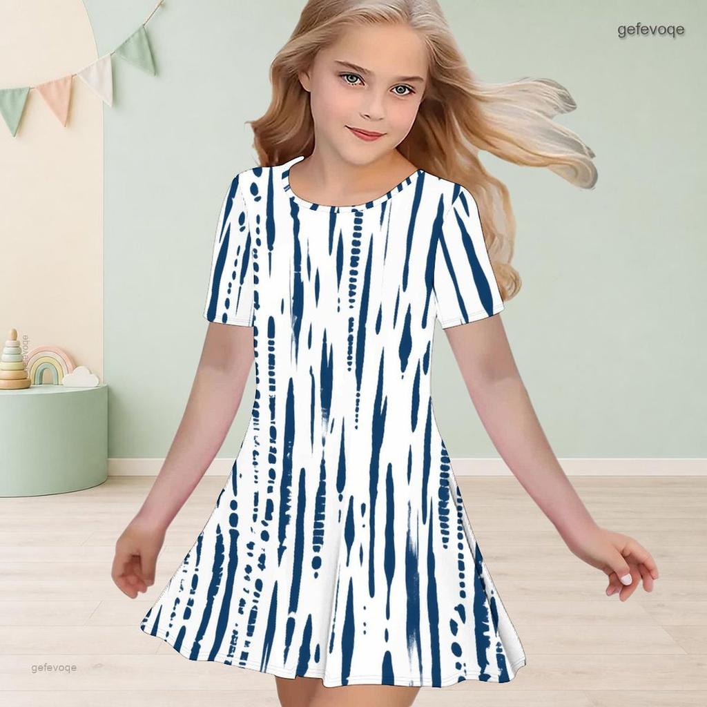 Girls Round Neck Short Sleeve Blue White Printed A Line Flared Dress