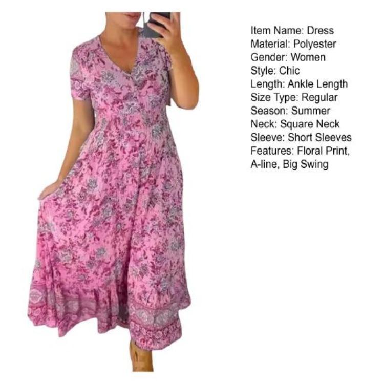 Casual Dresses - Floral Print V Neck Maxi Dress Women High Waist A-line Ruffle Hem Swing Pleated Beach Dress Ankle Length Dating