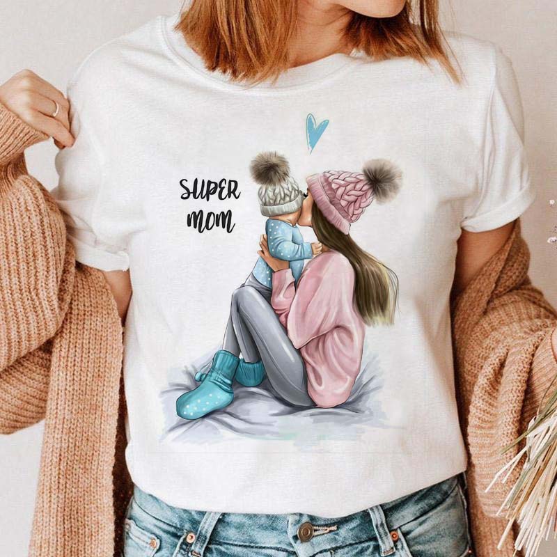 Women Clothing Cartoon Family Happy Time Mama Mom Mother Short Sleeve Clothes Print Tshirt Female Tee Top Graphic Black T-shirt