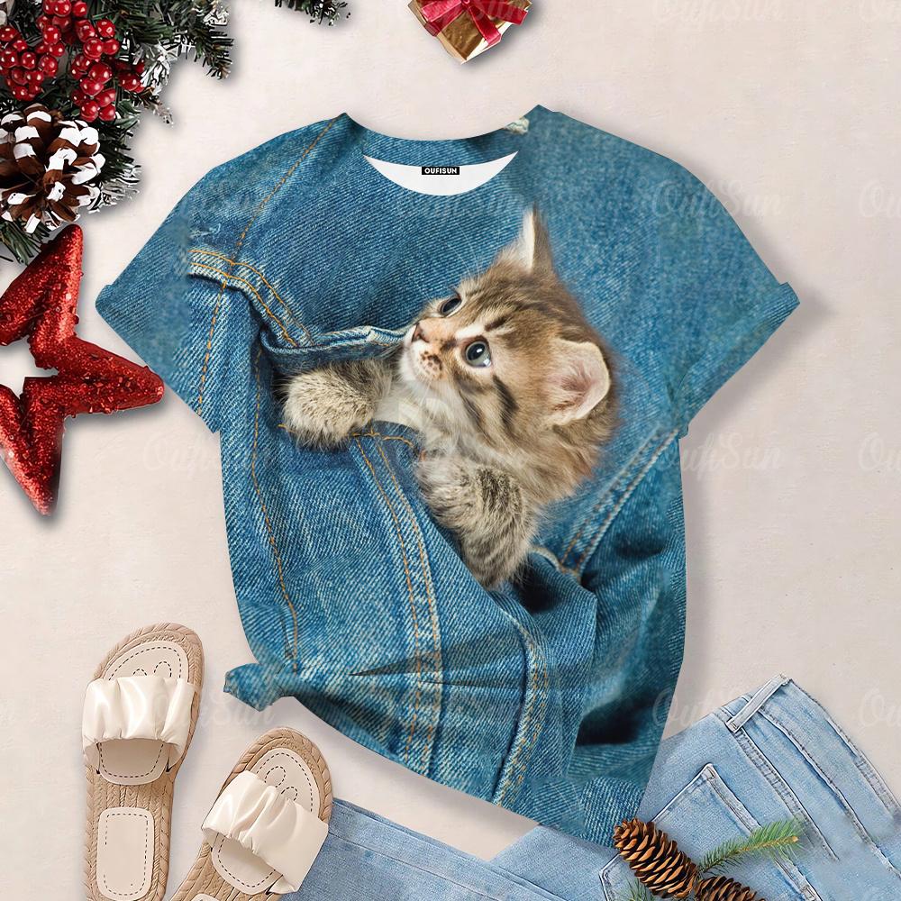 Футболки Overzise для женщин 2024, футболки с круглым вырезом и короткими рукавами с 3d принтом милого кота, топы, кавайные повседневные футболки, эстетические женские топы