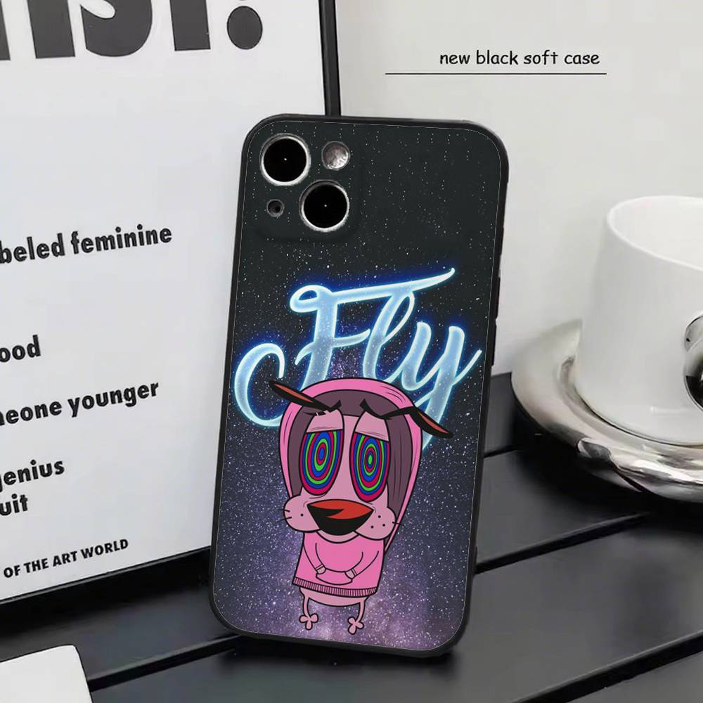 Мультяшный Кураж - Трусливый Пёс-G Для iPhone 13,17,11,12,16,14,15,Plus,Pro Max Мягкий Силиконовый Черный Чехол для Телефона