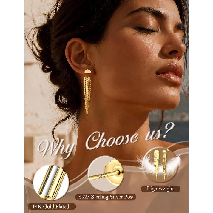 PAVOI 14K Gold Plated 925 Sterling Silver Post Threader Earrings for Women - Minimalist Gold Chain Earrings Double Piercings - Dangle Twist Wavy